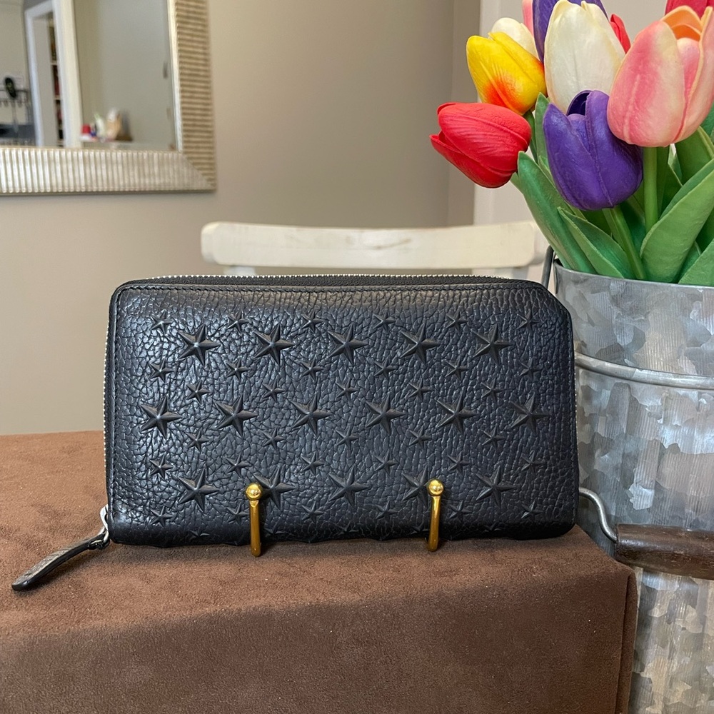 Jimmy Choo black leather star embossed zip around wallet (w/ auth. card)